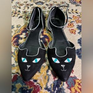 Black Cat Face Pointed Toe Flats with Ankle Strap